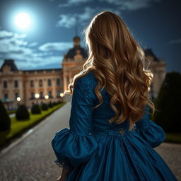 A beautiful woman with flowing blonde hair seen from behind, standing in front of the Palace of Versailles at night