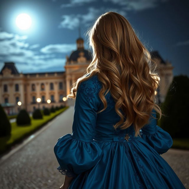 A beautiful woman with flowing blonde hair seen from behind, standing in front of the Palace of Versailles at night