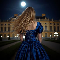 A beautiful woman with flowing blonde hair seen from behind, standing in front of the Palace of Versailles at night