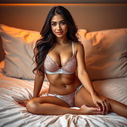 A young and attractive Latina woman wearing sexy lingerie, sitting comfortably on a bed