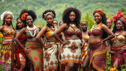 A dynamic and captivating scene featuring numerous beautiful African women from various tribes, celebrating their culture and body positivity