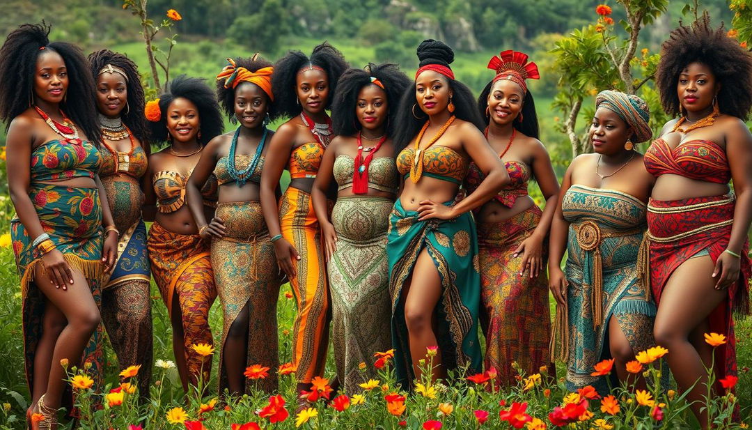 A dynamic and captivating scene featuring numerous beautiful African women from various tribes, celebrating their culture and body positivity