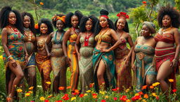 A dynamic and captivating scene featuring numerous beautiful African women from various tribes, celebrating their culture and body positivity