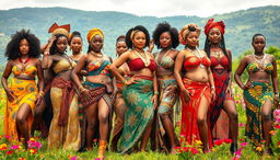 A dynamic and captivating scene featuring numerous beautiful African women from various tribes, celebrating their culture and body positivity