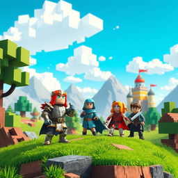 A fantasy RPG setting featuring a blocky landscape with vibrant, pixelated graphics