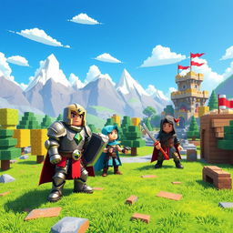 A fantasy RPG setting featuring a blocky landscape with vibrant, pixelated graphics