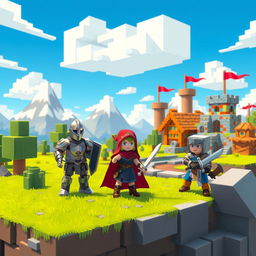 A fantasy RPG setting featuring a blocky landscape with vibrant, pixelated graphics