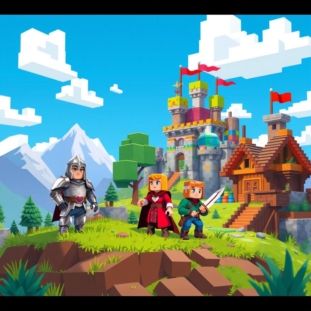 A fantasy RPG setting featuring a blocky landscape with vibrant, pixelated graphics