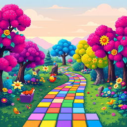 A vibrant pixel art landscape featuring a winding path through a lush, enchanted forest