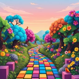 A vibrant pixel art landscape featuring a winding path through a lush, enchanted forest