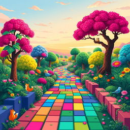 A vibrant pixel art landscape featuring a winding path through a lush, enchanted forest