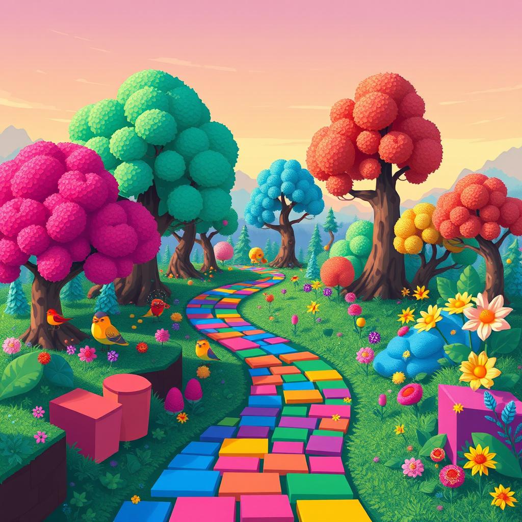 A vibrant pixel art landscape featuring a winding path through a lush, enchanted forest