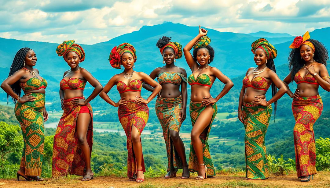 A lively and colorful depiction of numerous sexy women from Uganda, celebrating their beauty and cultural heritage