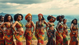 A lively and colorful depiction of numerous sexy women from Uganda, celebrating their beauty and cultural heritage