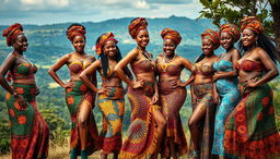 A lively and colorful depiction of numerous sexy women from Uganda, celebrating their beauty and cultural heritage