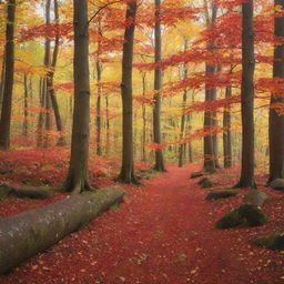 Generate an enchanting image of a serene forest at the heart of autumn, with leaves of brilliant reds, oranges, and yellows falling gently in the soft, mid-afternoon light.