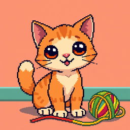 A charming pixel art cat, depicted in a playful pose with large expressive eyes, a fluffy tail, and small, pointed ears