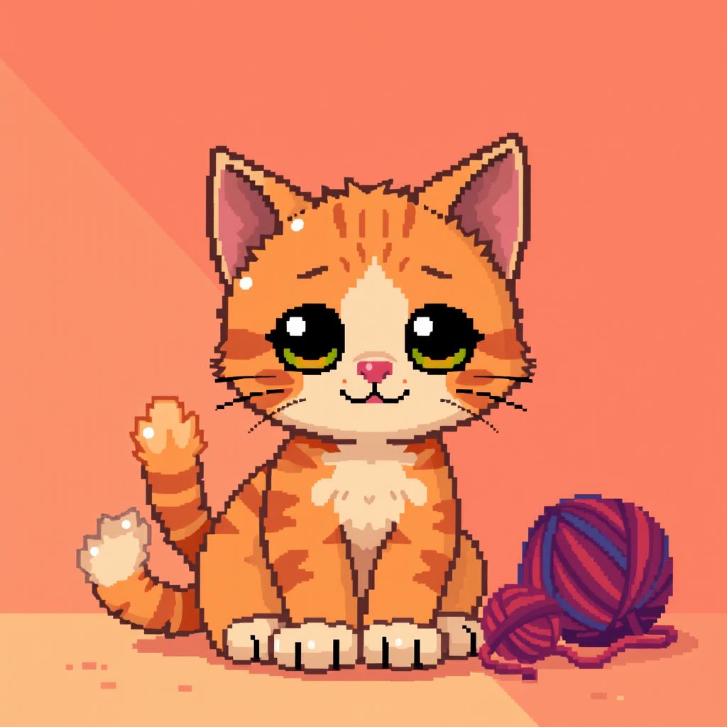 A charming pixel art cat, depicted in a playful pose with large expressive eyes, a fluffy tail, and small, pointed ears