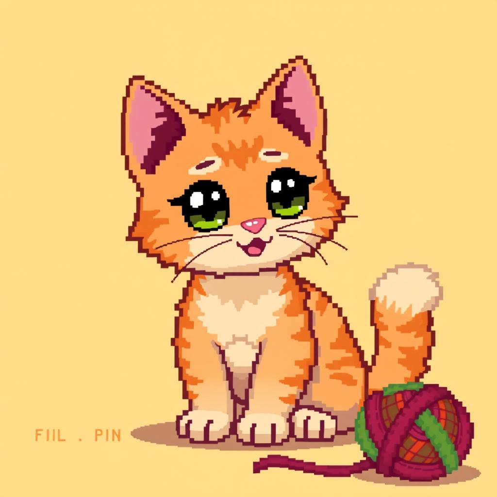 A charming pixel art cat, depicted in a playful pose with large expressive eyes, a fluffy tail, and small, pointed ears