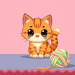 A charming pixel art cat, depicted in a playful pose with large expressive eyes, a fluffy tail, and small, pointed ears