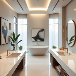 A luxurious modern bathroom design featuring a freestanding bathtub, sleek marble countertops, and stylish fixtures