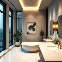 A luxurious modern bathroom design featuring a freestanding bathtub, sleek marble countertops, and stylish fixtures