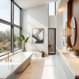 A luxurious modern bathroom design featuring a freestanding bathtub, sleek marble countertops, and stylish fixtures