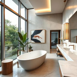 A luxurious modern bathroom design featuring a freestanding bathtub, sleek marble countertops, and stylish fixtures