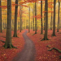 Generate an enchanting image of a serene forest at the heart of autumn, with leaves of brilliant reds, oranges, and yellows falling gently in the soft, mid-afternoon light.