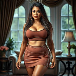 A full-body image of a sexy mature woman, a 42-year-old Latina with long, straight brown hair