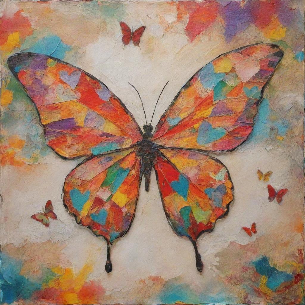 Create a vibrant mixed media collage combining images of open hearts, abstract depictions of the mind, symbolic elements like a winding path and an emerging butterfly. Express depth, complexity and concepts of self-discovery and personal growth.