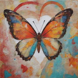 Create a vibrant mixed media collage combining images of open hearts, abstract depictions of the mind, symbolic elements like a winding path and an emerging butterfly. Express depth, complexity and concepts of self-discovery and personal growth.