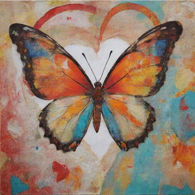 Create a vibrant mixed media collage combining images of open hearts, abstract depictions of the mind, symbolic elements like a winding path and an emerging butterfly. Express depth, complexity and concepts of self-discovery and personal growth.