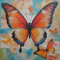 Create a vibrant mixed media collage combining images of open hearts, abstract depictions of the mind, symbolic elements like a winding path and an emerging butterfly. Express depth, complexity and concepts of self-discovery and personal growth.