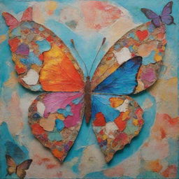 Create a vibrant mixed media collage combining images of open hearts, abstract depictions of the mind, symbolic elements like a winding path and an emerging butterfly. Express depth, complexity and concepts of self-discovery and personal growth.