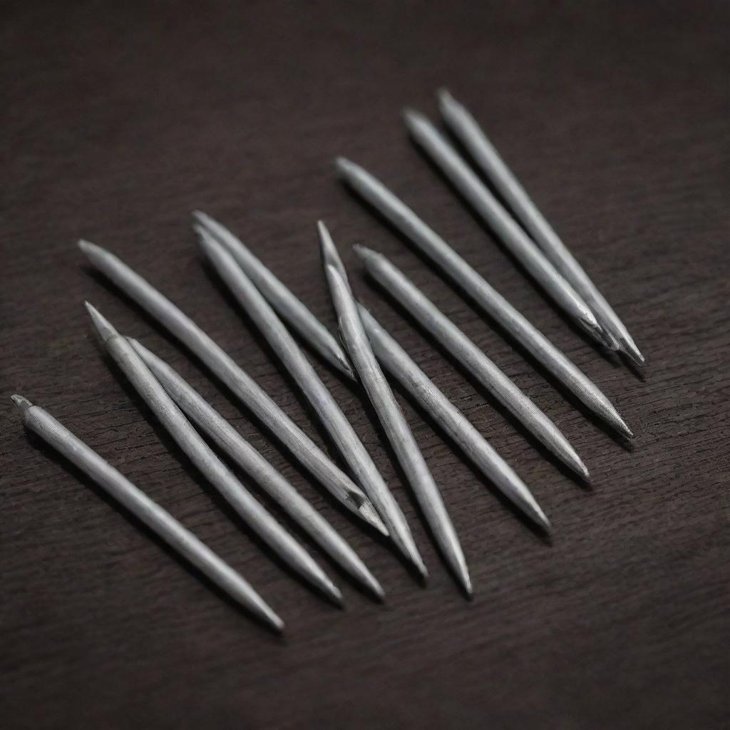 Diamond point nails, perfect for wood fastening, displayed in an organized manner on a dark wooden surface, their metallic sheen catching the light beautifully.