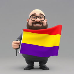 A realistically styled 3D illustration of a chubby bald man with a beard, wearing glasses