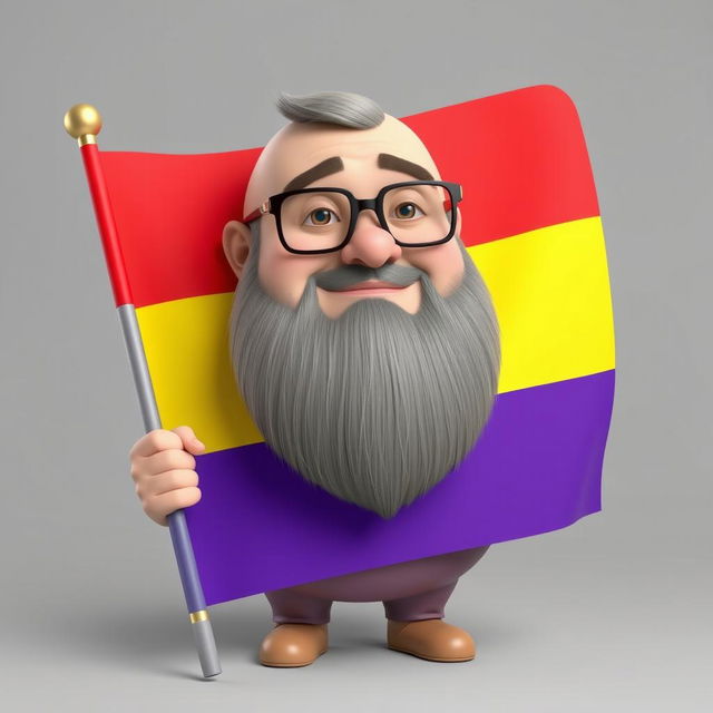 A realistically styled 3D illustration of a chubby bald man with a beard, wearing glasses