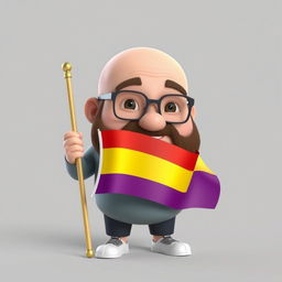 A realistically styled 3D illustration of a chubby bald man with a beard, wearing glasses