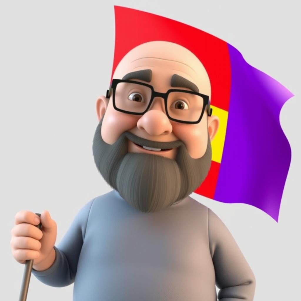 A realistically styled 3D illustration of a chubby bald man with a beard, wearing glasses