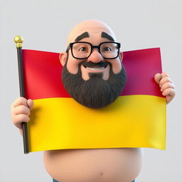 A 3D illustration of a chubby bald man with a beard, wearing glasses, holding a flag that features three horizontal stripes: the top stripe is red, the middle stripe is yellow, and the bottom stripe is purple