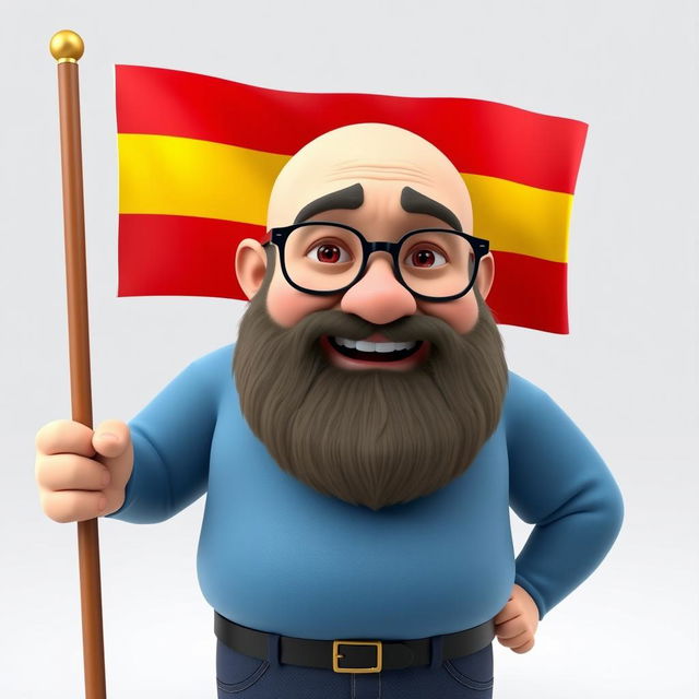 A 3D illustration of a chubby bald man with a beard, wearing glasses, holding a flag that features three horizontal stripes: the top stripe is red, the middle stripe is yellow, and the bottom stripe is purple