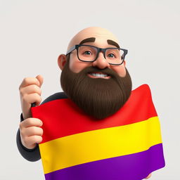 A 3D illustration of a chubby bald man with a beard, wearing glasses, holding a flag that features three horizontal stripes: the top stripe is red, the middle stripe is yellow, and the bottom stripe is purple