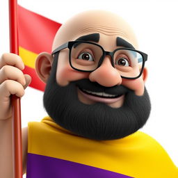 A 3D illustration of a chubby bald man with a beard, wearing glasses, holding a flag that features three horizontal stripes: the top stripe is red, the middle stripe is yellow, and the bottom stripe is purple