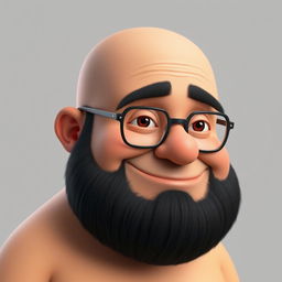 A realistic 3D illustration of a chubby bald man with a black beard that has some gray strands, wearing glasses