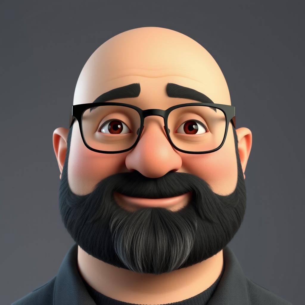 A realistic 3D illustration of a chubby bald man with a black beard that has some gray strands, wearing glasses