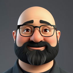 A realistic 3D illustration of a chubby bald man with a black beard that has some gray strands, wearing glasses