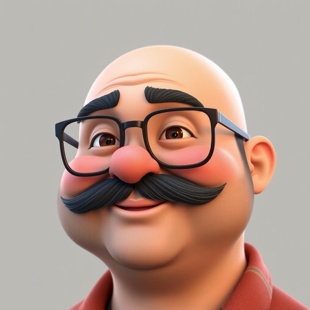 A realistic 3D illustration of a chubby bald man with a black beard that has some gray strands, wearing glasses