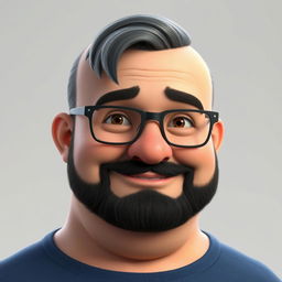 A realistic 3D illustration of a chubby bald man with a black beard that has some gray strands, wearing glasses