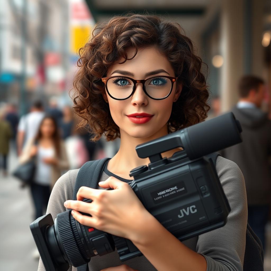 A 30-year-old female television operator, with curly brown hair and sky-blue eyes, wearing glasses